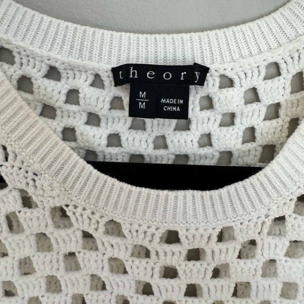 Theory Crochet Knit Sleeveless Mini Dress White Resort Beach Coverup Coquette M - Picture 2 of 4